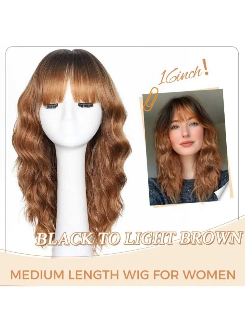 Women's Light Brown 16 Inch Wavy Wig Bangs Shoulder Length Synthetic Hair